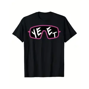 Men's Retro "YEET" Graphic T-Shirt - Black with Pink All-Over Print & Fashion Glasses Design,  Casual Summer Tee,  Regular Fit,  Machine Washable,  Retro T Shirt