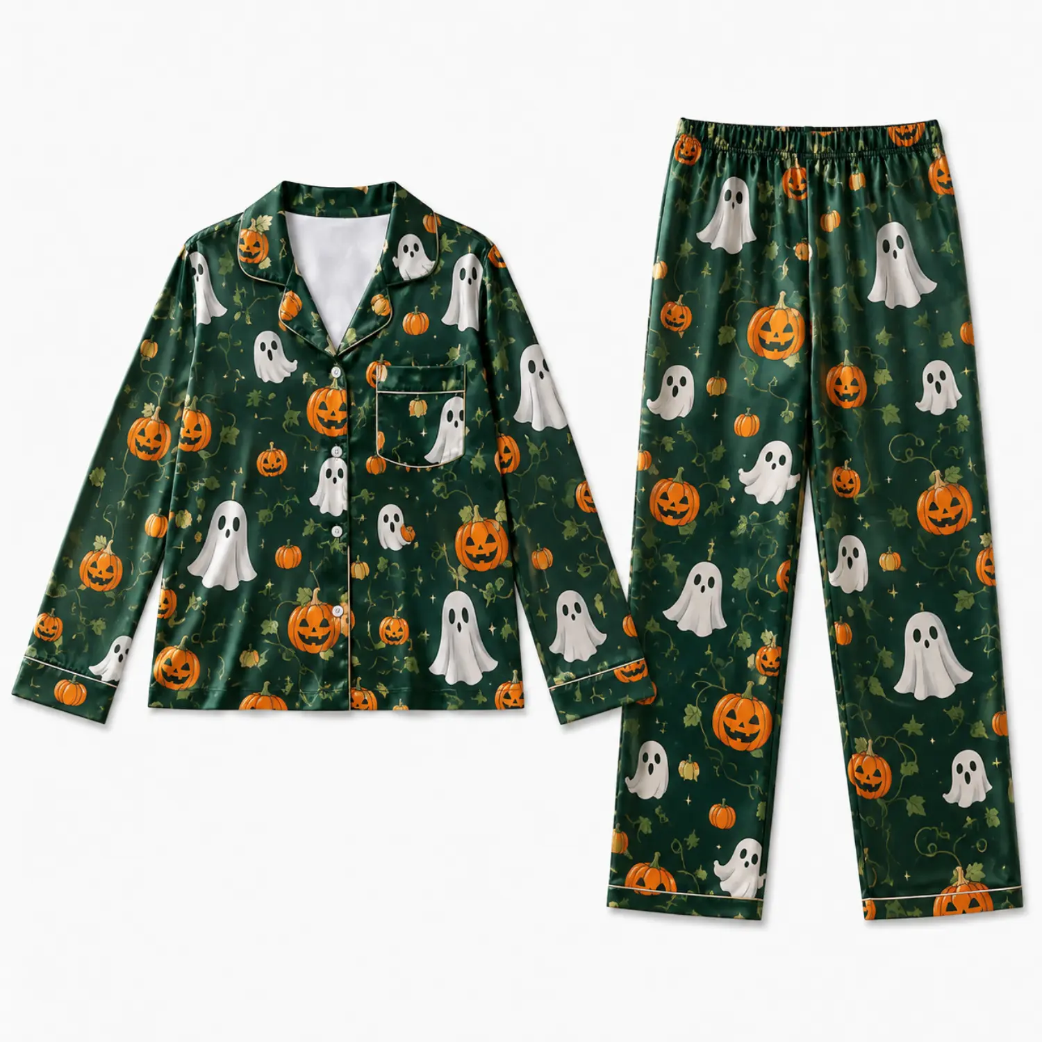 Halloween Ghost and Pumpkin Print Long Sleeve Button Front Pajama Set with Pants for Cozy Autumn Winter Sleepwear