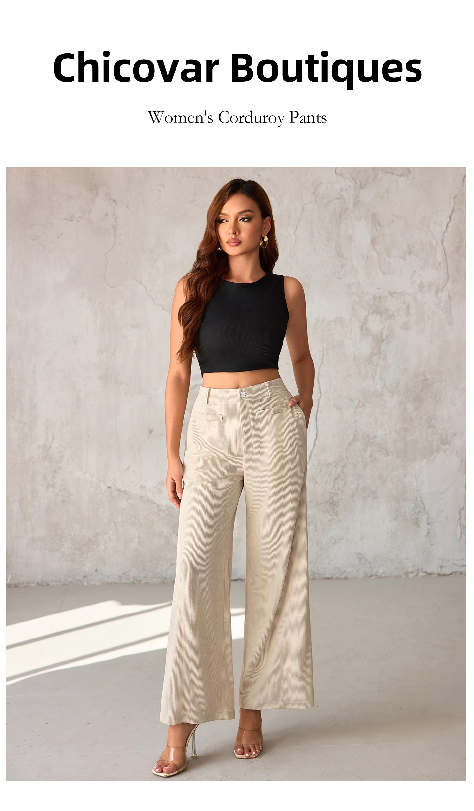 Chicovar Women's Lightweight Corduroy Pants, High-Waisted, Wide-Leg Pants, Casual Trousers with Side Pockets & All-Season Comfort