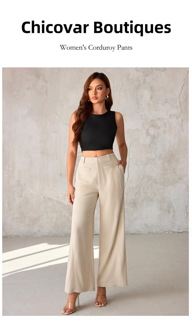 Chicovar Women's Lightweight Corduroy Pants, High-Waisted, Wide-Leg Pants, Casual Trousers with Side Pockets & All-Season Comfort