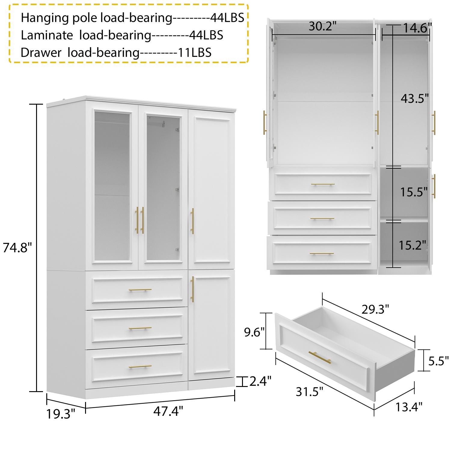 FUFU&GAGA 4 Door Wardrobe Closet with Shelves, Armoires and Wardrobes Wardrobe Closet with Hanging Rod, Gold Metal Handles, Bedroom Armoire Closet