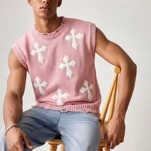 HYPESTFIT Men's Cross-Terry Embroidery Crew Neck Frayed Edge Knitted Vest Street Style Sleeveless Sweater Distressed Hem Casual Loose Fit