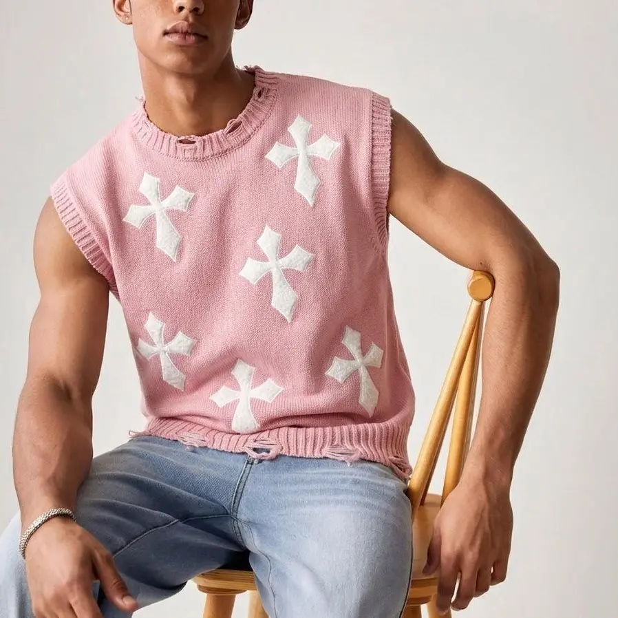 HYPESTFIT Men's Stylish Classic Crew Neck Terry Crosses Streetwear Vest - Sleeveless Knitted, Ripped Frayed Edge Distressed Hem, Baggy Casual Mens Clothing Top, Clothes, Embroidery