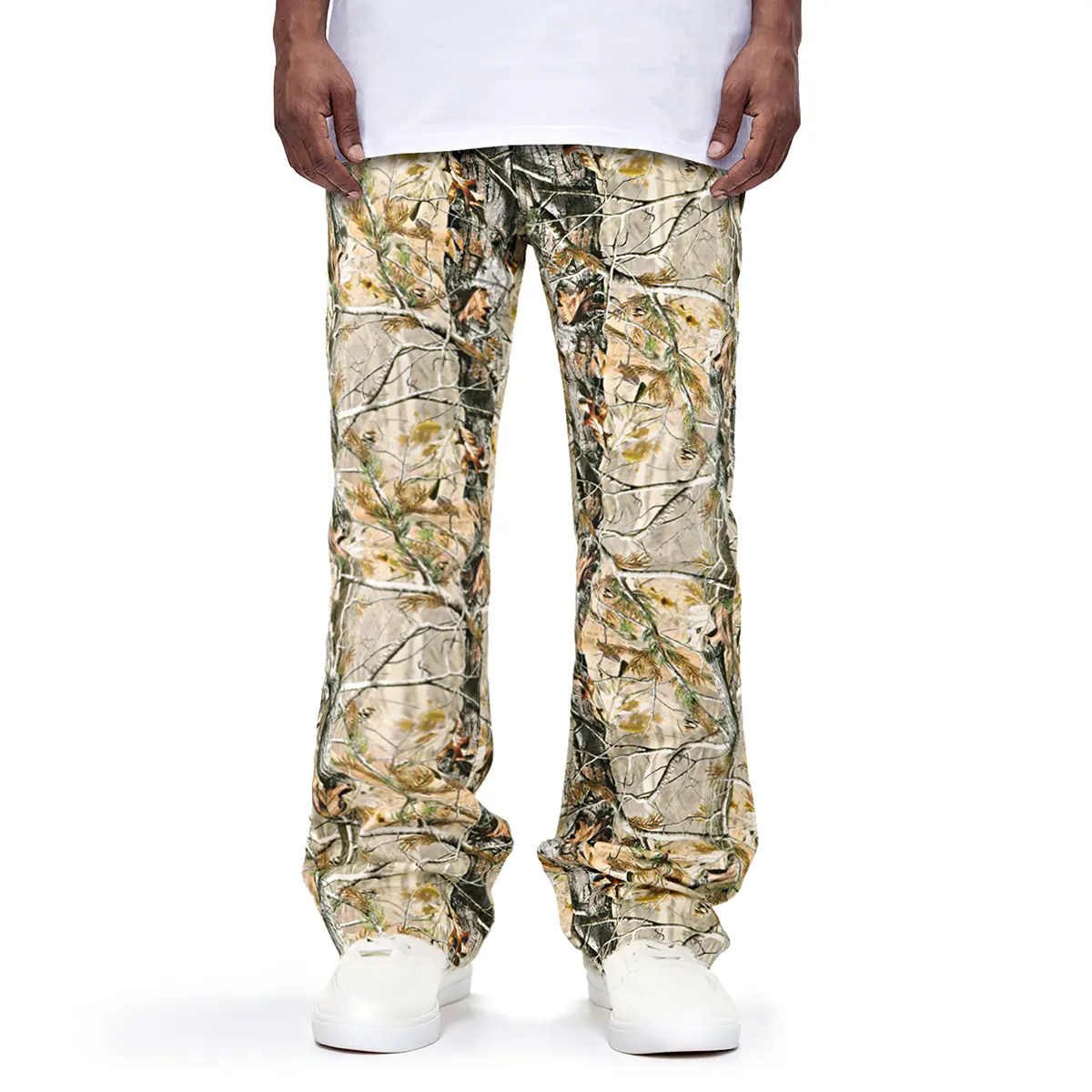 Men’s Stacked Flared Pants Camo Wide Leg Chino Hip Hop Streetwear Trendy Baggy Trousers
