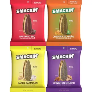 SMACKIN’ Sunflower Seeds 4-Flavor Variety Pack – 4oz Bags Cinnamon Churro, Backyard BBQ, Garlic Parmesan & Cheddar Jalapeño Snack