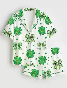 Women’s Irish St Patrick's Day Coquette Shamrock Lucky Bow Short Sleeve Satin Pajama Set