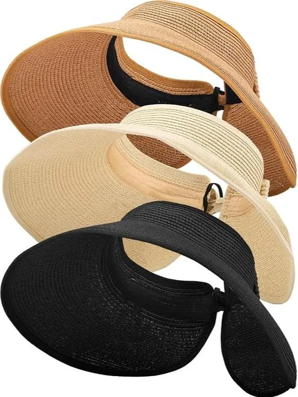 Women's 3-Pack Foldable Straw Sun Visor Hats - Wide Brim, Ponytail-Friendly, UPF 50+ UV Shielding, One Size, Outdoor, Roll-Up Foldable Pack for Beach, Travel
