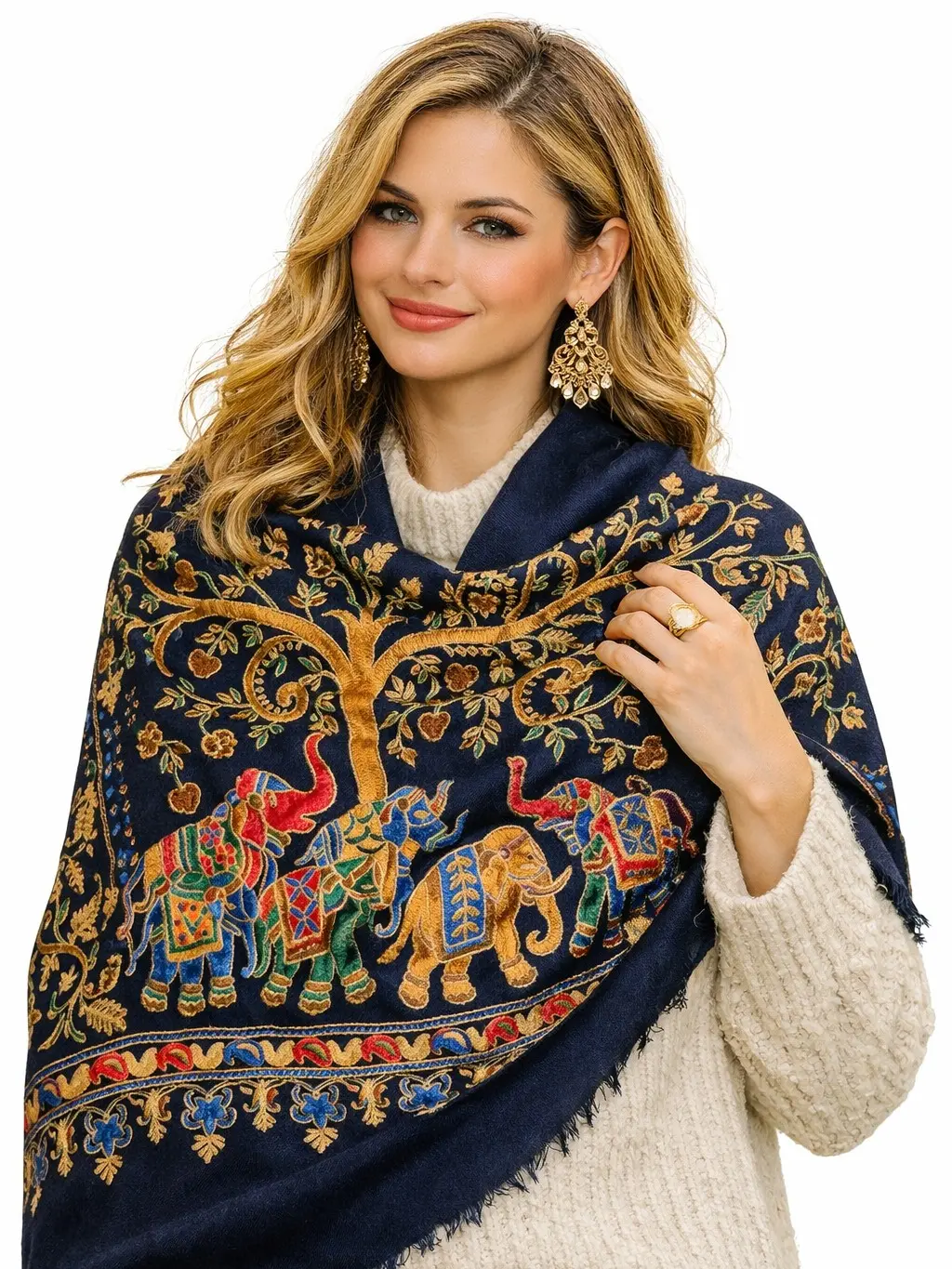 Luxury Embroidered Pashmina boho shawl large scarf Tree of Life & Elephant Motif Navy Blue Winter Wrap for Women Valentine Annivarsary Gift