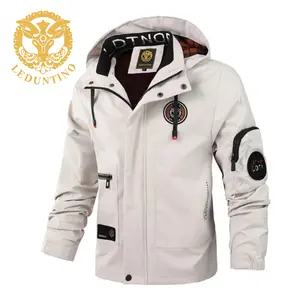 LEDUNTINO Men's Thin Windproof Outdoor Jacket White Long Sleeve Durable 100% Polyester Multi-Pocket Detachable Hat Waterproof Classic Cargo Coats