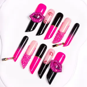 Lovful Lipstick Long Length 2.2'' Iridescent Handmade Acrylic Press-On Nails|10PCS Reusable,Salon Quality,H199-H204 Rhinestone Glue Included