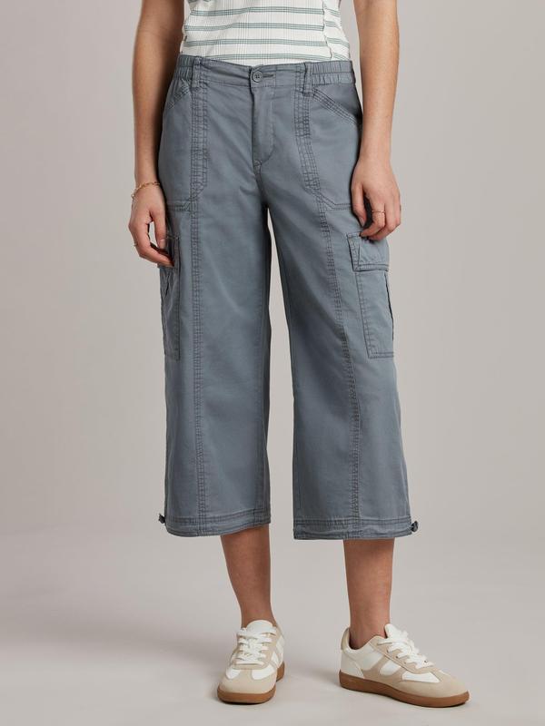 UNIONBAY Women's Faye High-Rise Stretch Cotton Twill Cargo Pants - Lady's Fashion Streetwear Bottoms, Cropped Loose Utility Fit, Button Closure, Adjustable Cinched Hem, Spandex, Pockets, Casual Everyday Leg Wear