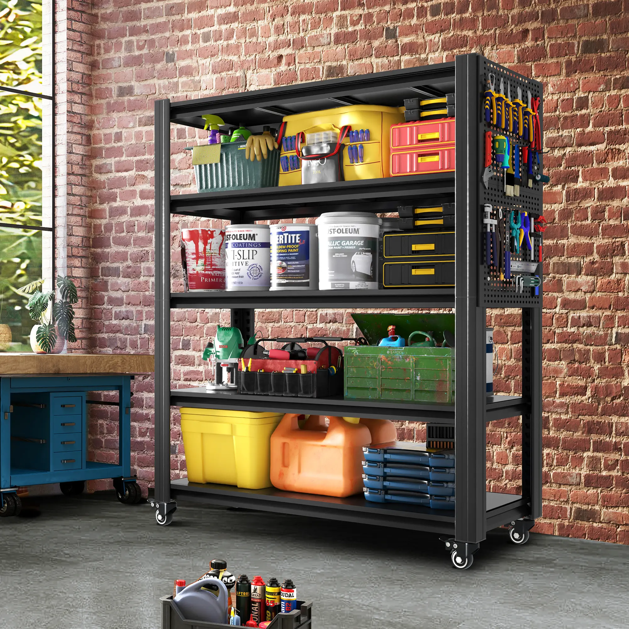 Heavy Duty 5-Tier Metal Shelving Unit - Single Unit Garage Storage Shelves with Wheels, Pegboard, 47.2"W x 23.6"D x 72"H Adjustable Rack, 2000LBS Capacity, Black