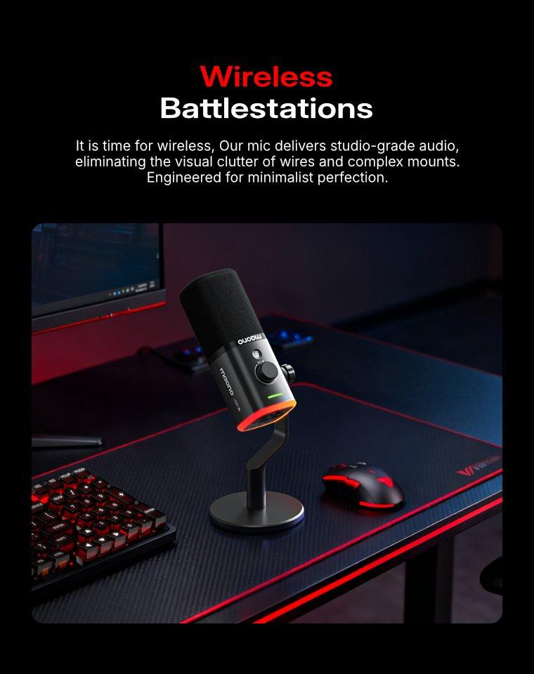 Maono PD100W Wireless & USB gaming microphone for podcast recording, meeting, dynamic RGB mic with quick mute, headphone jack, gain knob, volume control, desktop mic for PC Gamer. widely compatible with PCs, smartphones, laptops, PS4, and PS5.
