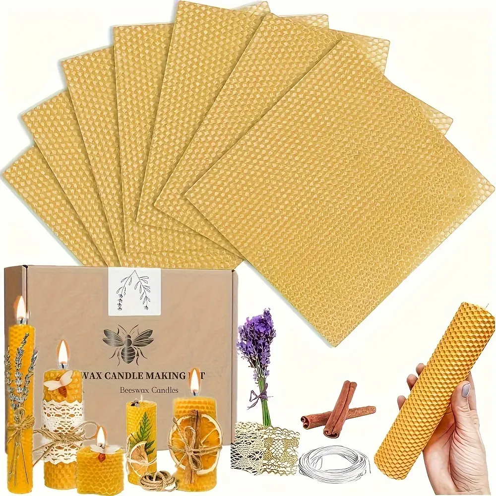 7 Pcs Natural Honeycomb Beeswax Sheets, DIY Roll Candle All‑Inclusive Kit with Dried Flowers & Cinnamon Decor Accessories for Beginners, Perfect Gift for Candle Lovers, Craft Set for Home & Holiday Projects