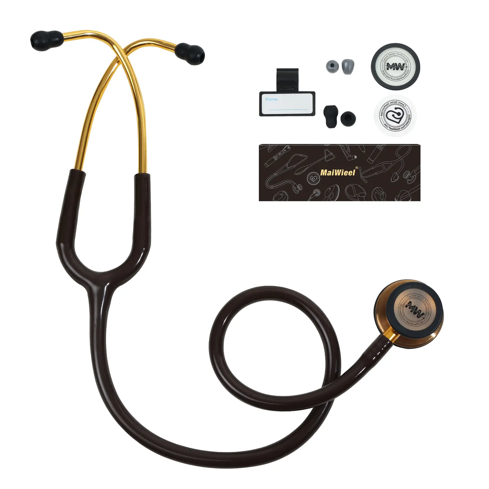 MaiWieel U8 Dual-Head Stethoscope for Medical Professionals, Stainless Steel Alloy 1-Piece Dual-Sided Chestpiece, 80cm Optimal Tubing, Low+High Freqs, Soft Silicone Noise-Blocking Eartips, Snap-Tight Tips, Brown Healthcare Accessory Gift