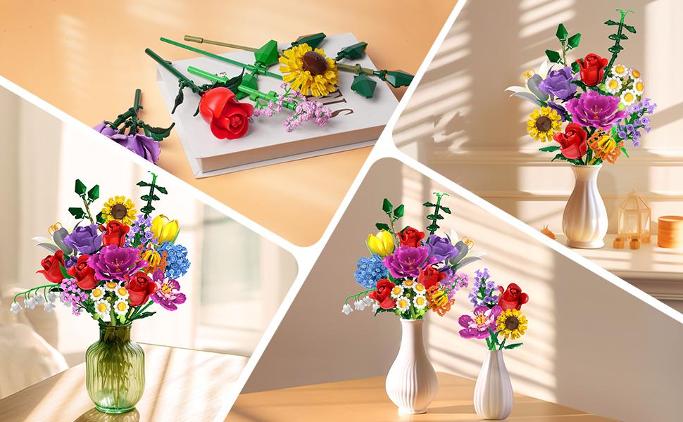 Flower Bouquet Building Set, 18 Roses & Botanical Collection, 1015 PCS Building Blocks, Home Decor Gift for Her, Adults, Women, Kids 6-12+