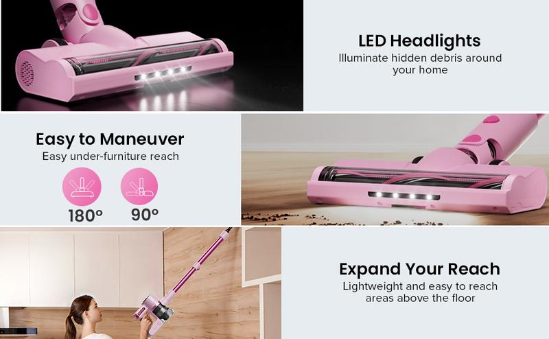 Cordless Vacuum Cleaner - IMOOY Pink/Black&White Vacuum for Home with 80000 RPM High, 8-in-1 Lightweight Stick Vacuum, Rechargeable Battery, Up to 40 Mins Runtime, for Carpet and Hard Floor Pet Hair