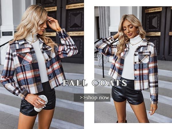 Womens Cropped Flannels Plaid Jacket Fall  Shirt Coat Button Casual collar basic jackets Chrismas