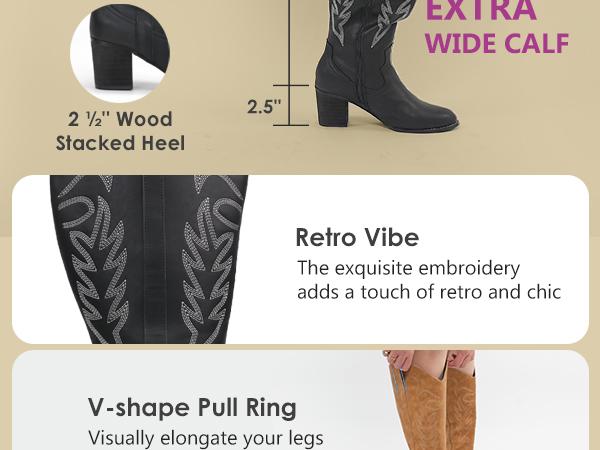 Women's Extra Wide Calf Cowboy Boots Wood Embroidered Western Cowgirl Knee High Boots Footwear Decor Red Leather