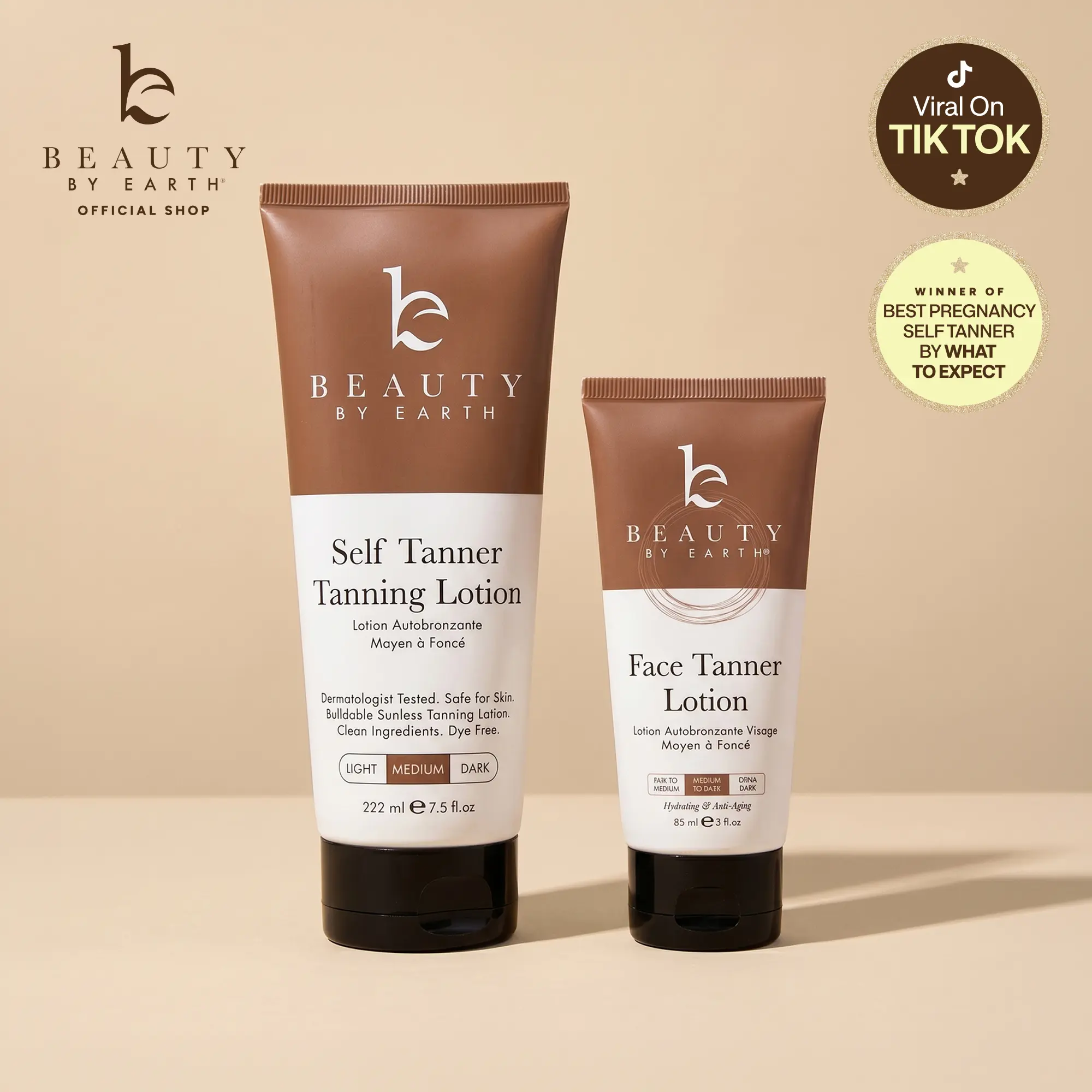 Beauty by Earth Self Tanner Lotion Duo - Gradual Sunless Professional Perfect Tanning Kit Bundle At Home Body Face Non Sticky Streak-Free Tan USA Made Coconut Shea