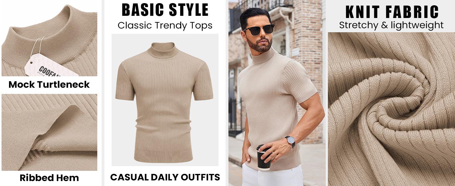 COOFANDY Men's Mock Turtleneck Sweater Short Sleeve Casual Basic Tops Ribbed Knit Pullover Solid Tee