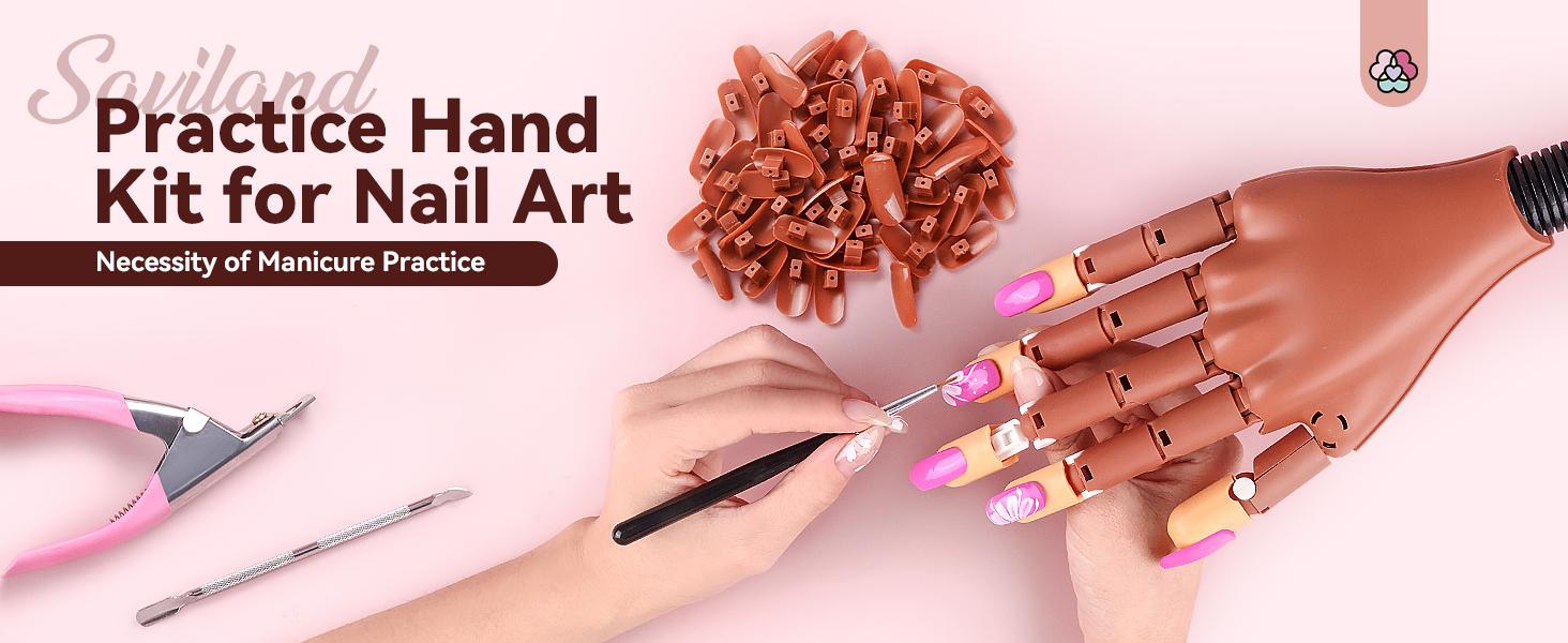SAVILAND Practice Hand Kit: Flexible Movable Fake Hand for Acrylic Nails with 200 Nail Tips Glue Brush Clipper—Ideal for Beginners Manicure Training