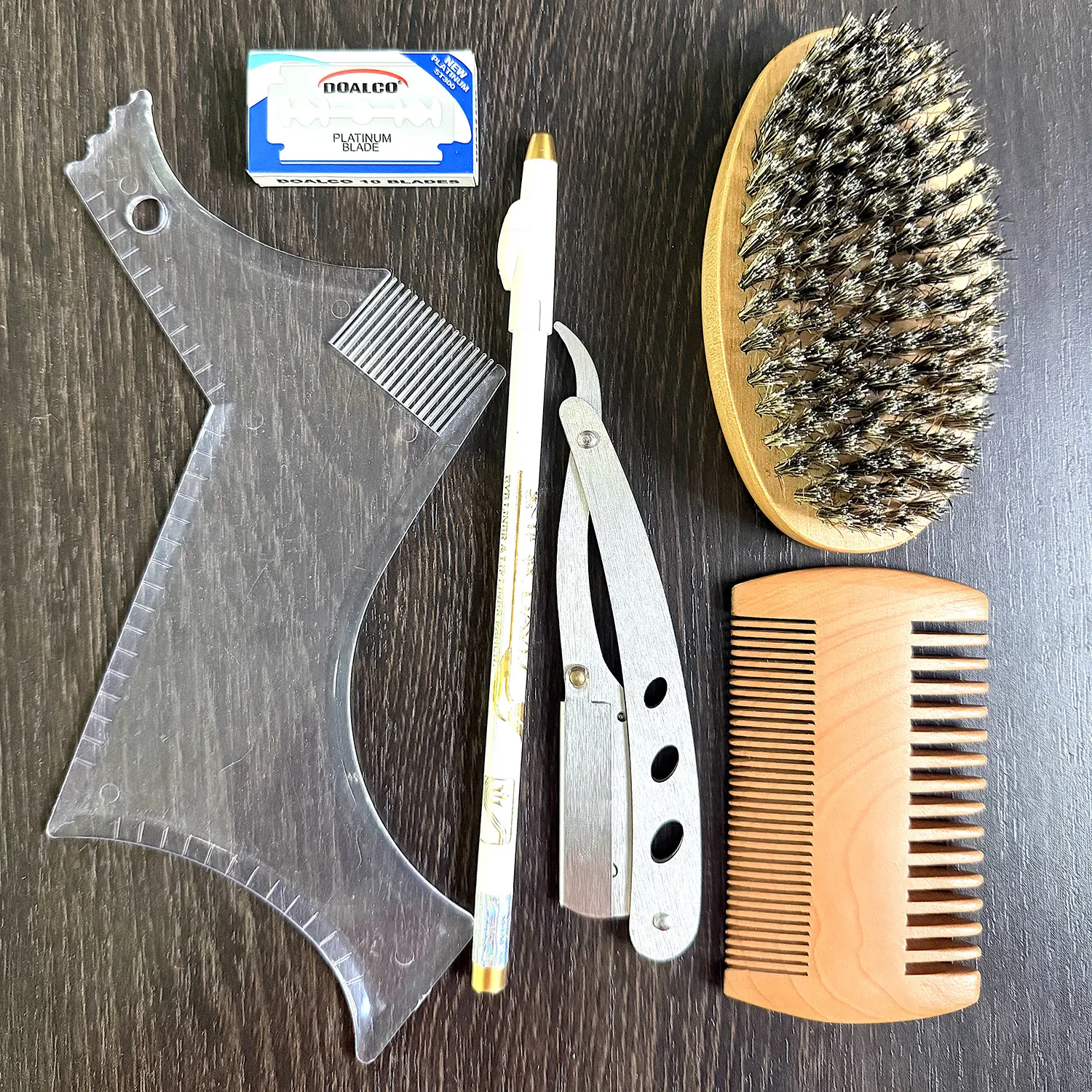 Men's Beard Shaper Kit - Stainless Steel Precision Trim Tool with Beard Brush, Template Guide, Straight Edge Razor, Edge Blade, Barber Pencil, Comb, All Skin Compatible, Multiple Pcs, Box Pack, Ideal Gift for Men
