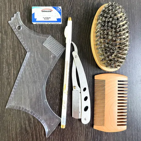 Men's Barber Kit - Stainless Steel Precision Trim Tool, Beard Brush, Template Guide, Straight Edge Razor, Edge Blade, Barber Pencil, Beard Comb, Hypoallergenic Conditioner, Multi-Pc Box Set, Ideal Gift for Boyfriend, Dad on Birthdays, Anniversaries
