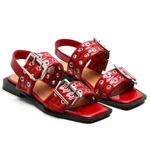 Square Toe Flat Sole Patent Leather Sandals Women's Double Buckle Strap Detail Silver Eyelet Accent Bold Edgy Statement Footwear Sleek Glossy Finish Trendy Street Style Party Shoes