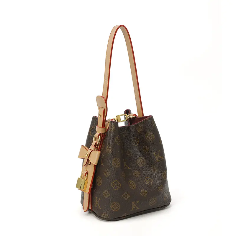 Women's Plain Crossbody Bucket Bag - Casual Wear, Gold-Tone Turn-Lock Charm, Detachable Coin Purse, Red Stitching, Plush Liner, Adjustable Strap, Top Handle, Waterproof, Multi-Function Anti-Theft Commute Bag, Elegant, High-Capacity