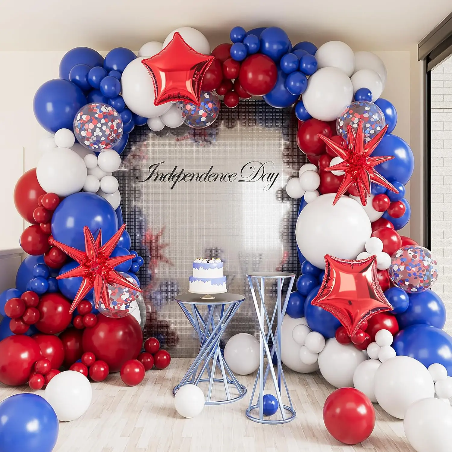 127-Piece Red, White & Blue Balloon Arch Kit with Star-Shaped Foil Balloons for Celebrations