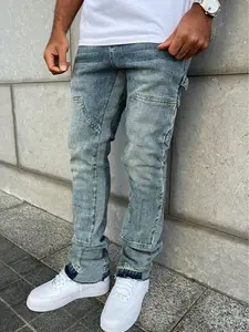 SRETOUU new men's fashion stitching slim denim trousers, street men's solid color casual denim trousers classic blue Fabric Menswear Streetwear