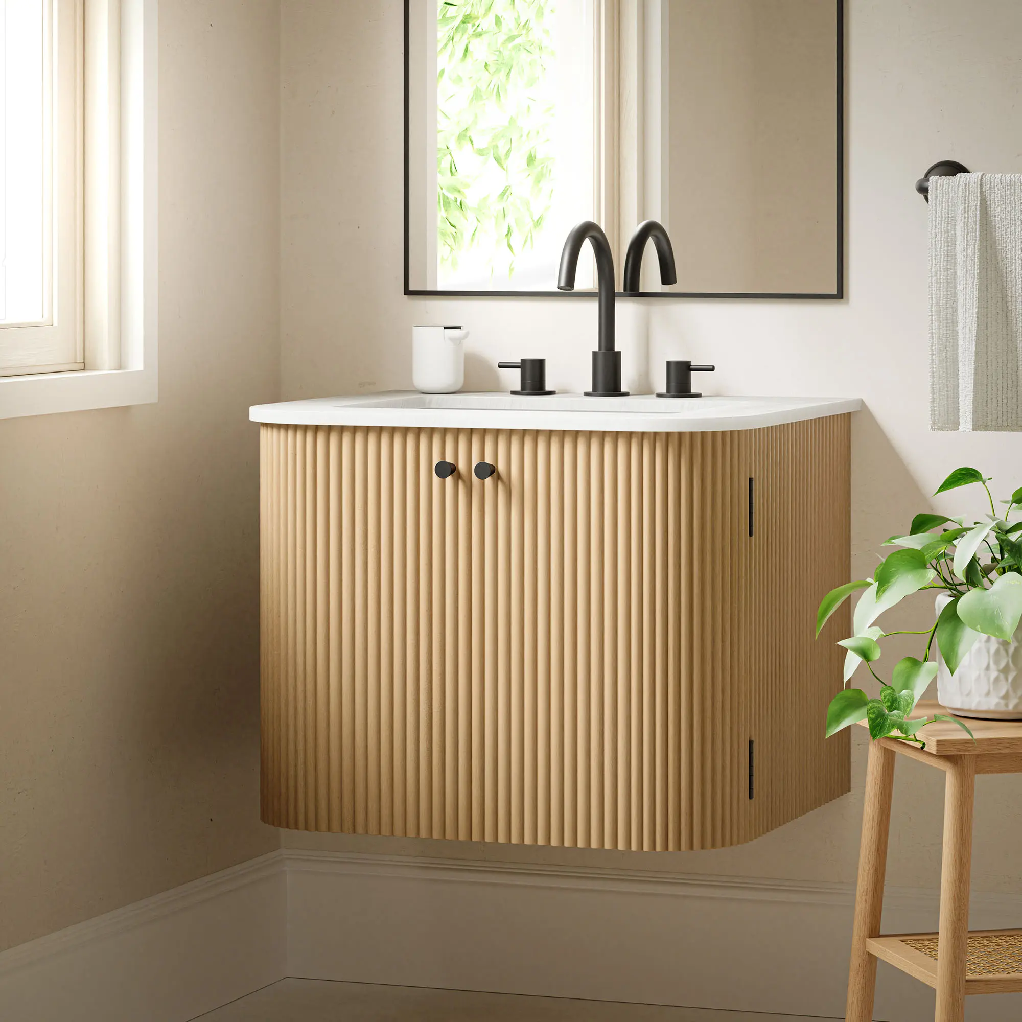 Modway Zia 24" Width Modern Single-Unit Wall-Mount Bathroom Vanity Set, Natural Stone Sink, Solid Wood Construction, Ample Storage Space, 132 lbs