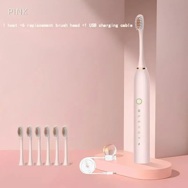 Adult Sonic Electric Toothbrush - Rechargeable, 6 Brush Heads, 6 Cleaning Modes, IPX7 Waterproof