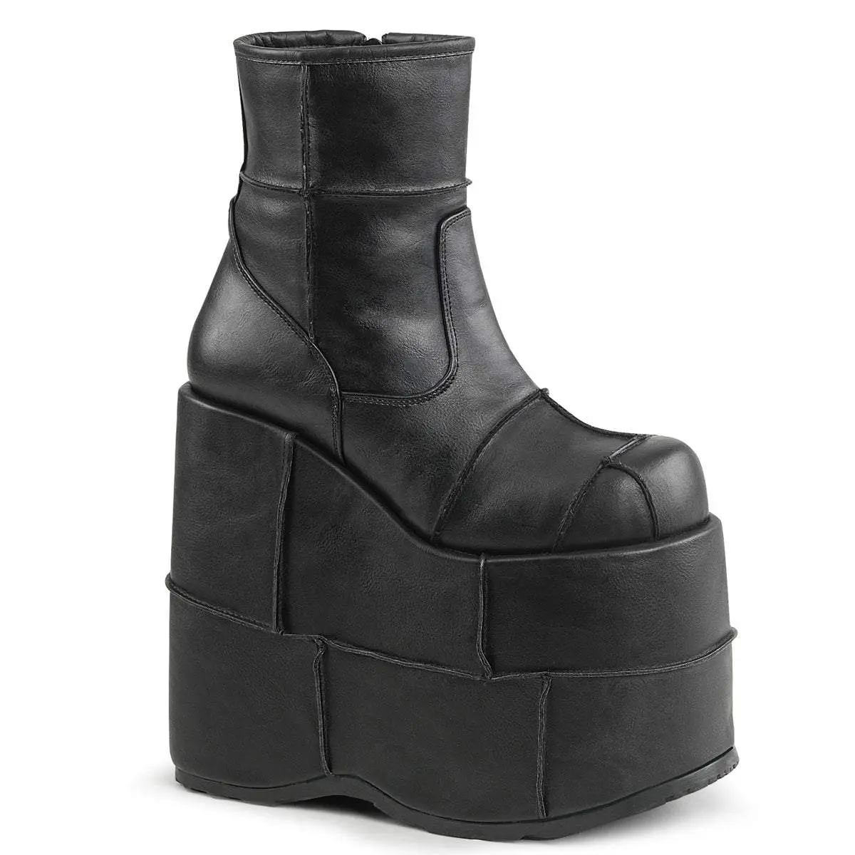 Demonia Men's Stack-201 Black Vegan Leather Ankle Boots with 7" Platform & Patchwork Details Side Zip Closure Casual Walking Shoes