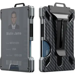 Mutin Jams Wallet For Men Slim Aluminum Metal Money Clip with 1 Clear Window ID Badge Holder RFID Blocking Holds up 15 Cards Cash Clip Ultra Thin Minimalist Carbon Fiber