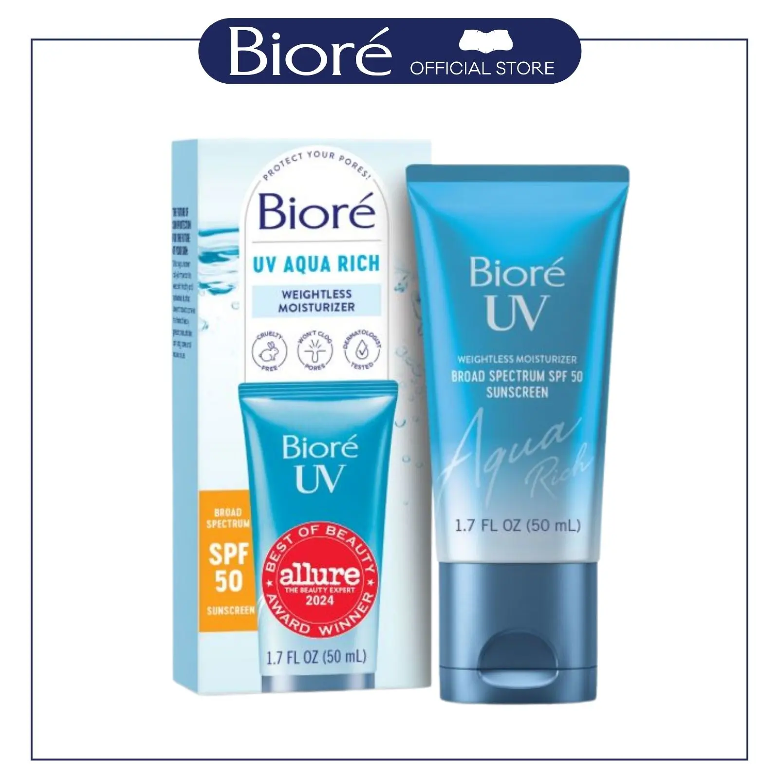 Bioré Skincare UV Aqua Rich Facial Moisturizer + SPF 50 Sunscreen + Primer, Hyaluronic Acid, Lightweight & Moisturizing Cream, No White Cast, 1 Pack