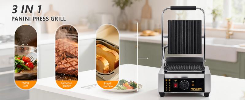 ROVSUN Commercial Panini Press Grill, Stainless Steel Electric Countertop Sandwich Maker with Adjustable Temp 122°F–572°F, For Steak, Burgers, Home & Restaurant Use, 110V, Silver