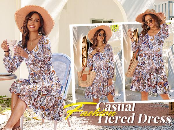 Women‘s Casual Tunic Dress V Neck Tiered Dress Long Sleeve Fit Swing Shift Dress with Pockets Loose Ruffled Dresses