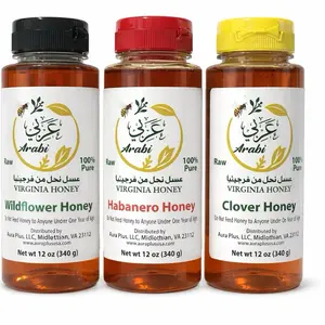 Arabi Raw Virginia Honey Pack of 3 – Wildflower, Clover & Habanero Flavors, 12 oz (340g) Each Bottle