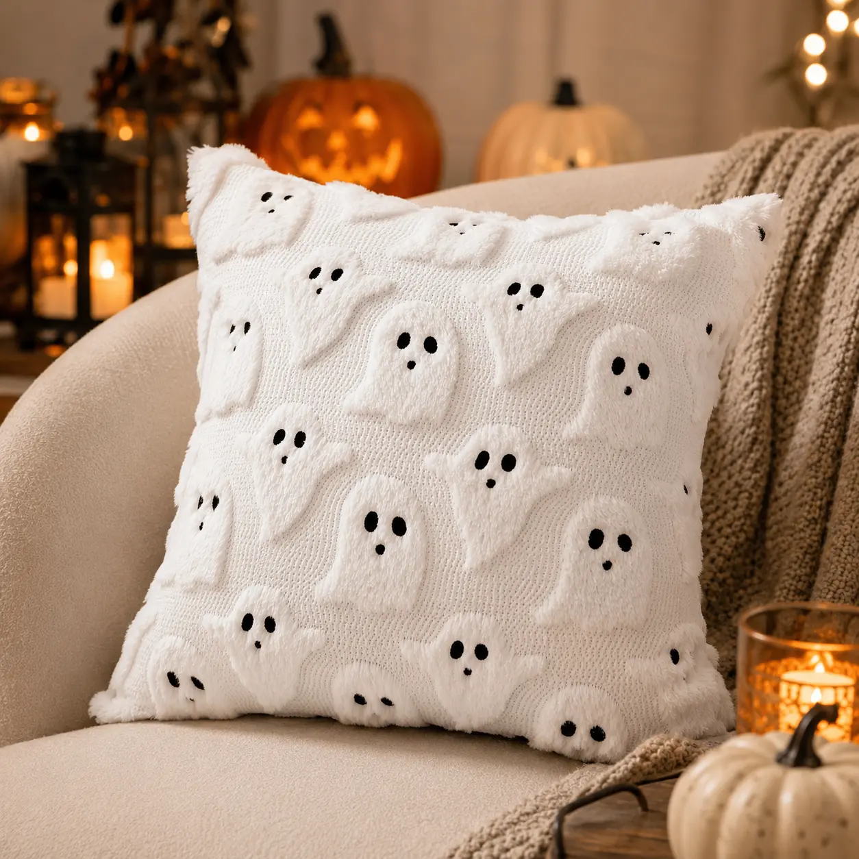Halloween Ghost Zippered Throw Pillow - Cute Spooky Decorative Square Cushion for Home Sofa, Bedroom