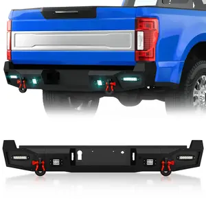 for F250 F350 F450 Rear Step Bumper Compatible with 2017-2025 4th Gen Ford F250 F350 F450 Super Duty Pickup Truck Bumper with 4 x 18W LED Lights & D-rings, Paintable Armor, Sensor Holes, Black