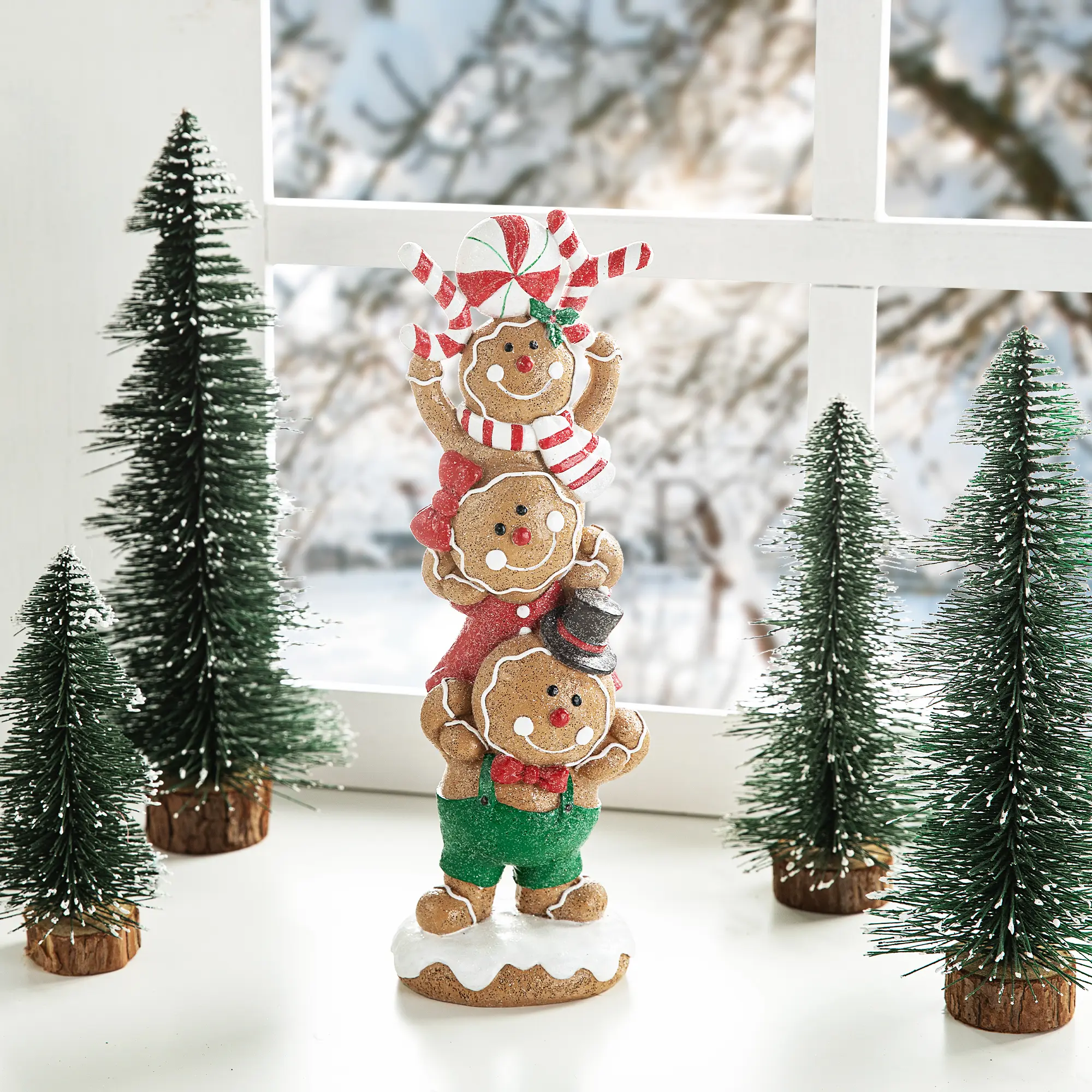 Glitzhome 12.5"H Irregular Long-Lasting Modern Resin Stacked Gingerbread Christmas Decor - Hand Painted Details, Indoor Table Decor, No-Assembly Table/Shelf Fit Cozy Home Accent