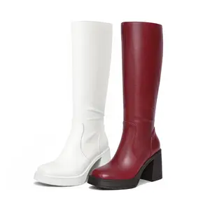【Valentine's Day Gift】White Knee High Boots for Women - Wide Calf Platform Tall Boots Square Toe Chunky Block Heeled Gogo Boots
