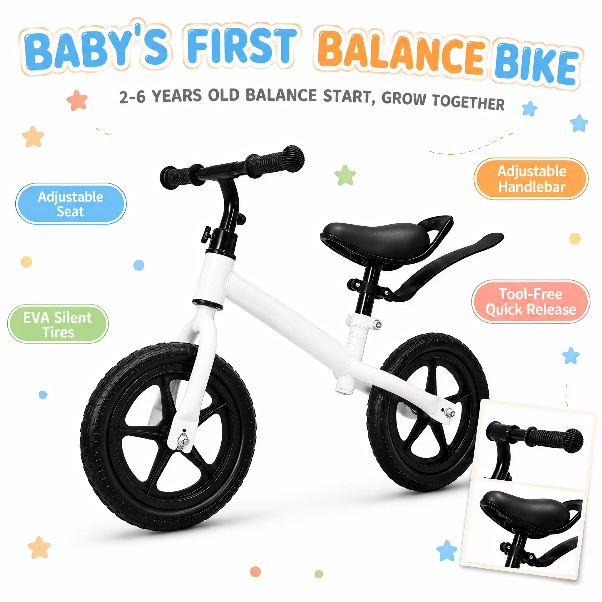 12-Inch Kids' Balance Bike (18–60 Months) — Adjustable outdoor balance bike for children.