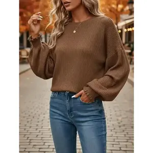 Autumn Winter Round Neck Fashion Elegant Striped Lantern Bubble Sleeve Long Sleeve Knitwear Top, Travel Outdoor Daily Wear Single PieceGift