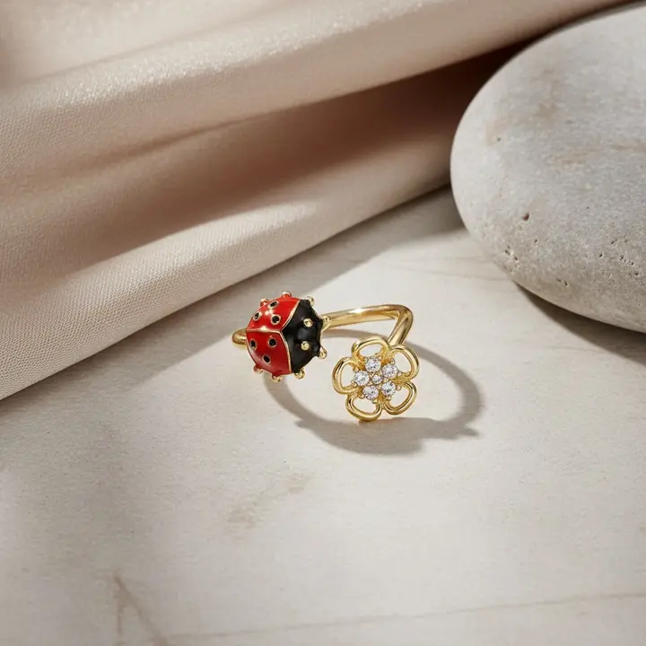 Ladybug Flower Ring, Gold Enamel Ring, Cottagecore Jewelry, Adjustable Nature Ring, Cute Gift Idea