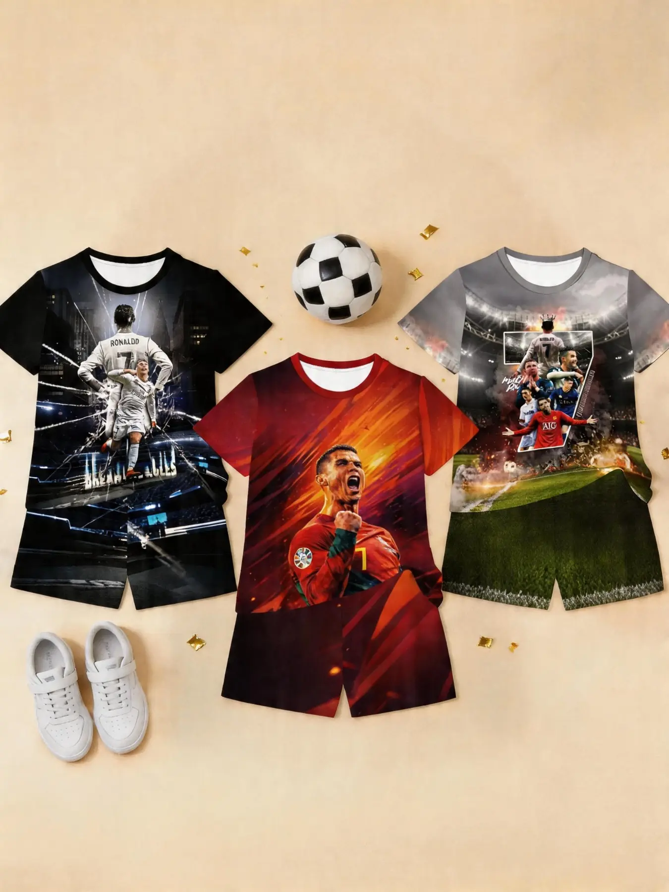 C Ronaldo Theme Kids Sports 3-Piece Set, Short Sleeve Shorts Football Training Gear, Fashion Sporty Design Outdoor Wear, Birthday Gift, Holiday Gift