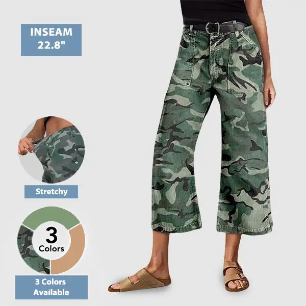 Flamingals Stretchy Camo Print Mid Waist Straight Leg Capri Pants Summer Vibes