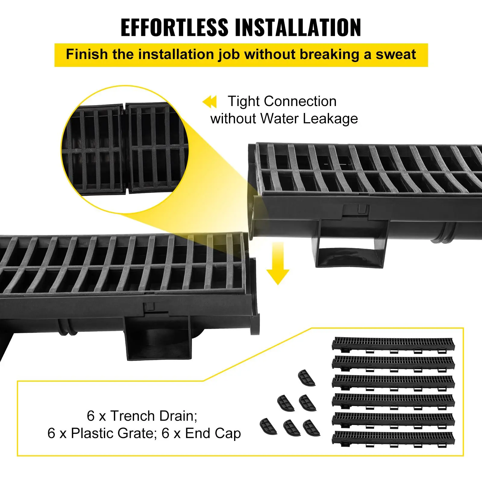 【Summerfinds】VEVOR Trench Drain System Channel Drain with Plastic Grate5.8x3.1-Inch HDPE Drainage TrenchBlack Plastic Garage Floor Drain6x39 Trench Drain Gratewith 6 End Capsfor GardenDriveway-6 Pack